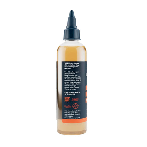 Side view of Multi-Use Lubricating Penetrant Oil 4oz for Home Auto and Industrial Jobs bottle, non-toxic formula, by Made Here Co.