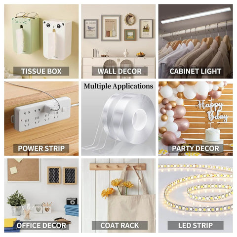 Image grid shows various applications of the Heavy Duty Double Sided Tape 2 Roll Pack, Total 20 Feet, Removable Nano Tape