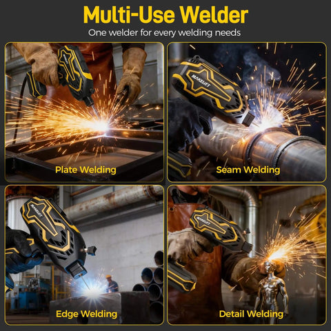 Multi-use welder for plate, seam, edge, and detail welding with sparks and protective gloves visible