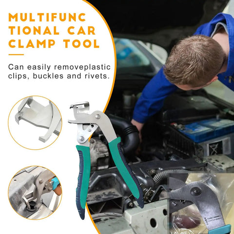 Man using a Multifunctional Car Clamp Tool in engine, detailed view of grips, designed for clip removal in auto work.