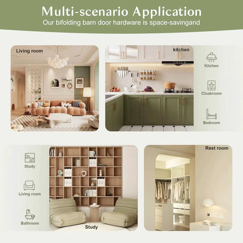 Multi-scenario use of bifold barn door with hardware kit