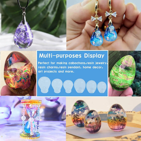 Collection of jewelry made with Mini Egg And Waterdrop Silicone Molds Set Six Pieces Clear Resin Molds for Egg and Waterdrop Designs.
