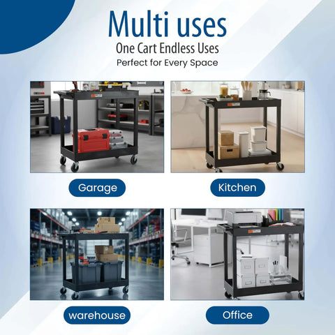 32 Inch Tub Storage Cart With Two Shelves Black Built For Maximum Capacity Ergonomic Top Handle And Super Handy Maneuver Four Swivel Casters With Two Locking Brakes Molded Plastic Shelves And Legs Won't Stain Scratch Dent Or Rust in garage, kitchen, warehouse, and office settings.