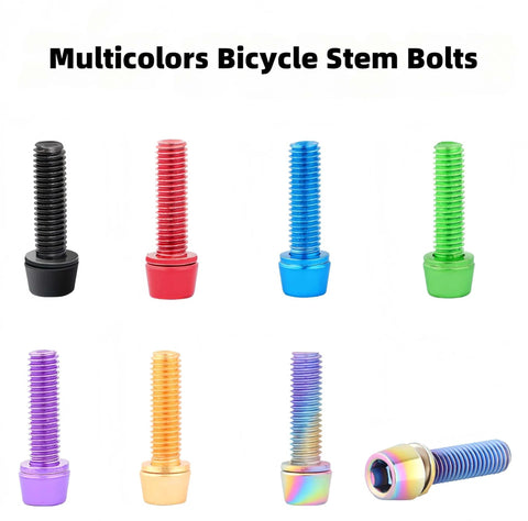 Multicolor bicycle stem bolts, including the ✝️ SUKOUSRAM 6 PCS Bike Stem Bolts M5*18mm Hex Head Titanium Alloy Screw Bolts for Road Mountain Bicycle Stems.