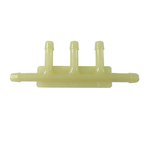 Yellow nylon vacuum hose connector block with three vertical barbed ports and end fittings