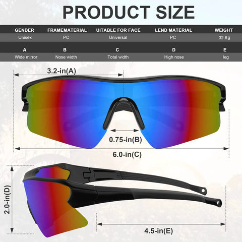 Dimension details of SixPack Multicolor Safety Glasses ANSI Z87.1 UV400 Anti Splash Scratch Resistant with side and front view