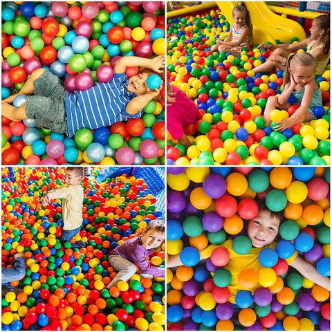 Children playing in a colorful ball pit filled with Ball Pit Balls for Baby and Toddler Phthalate Free BPA Free Crush Proof Plastic.