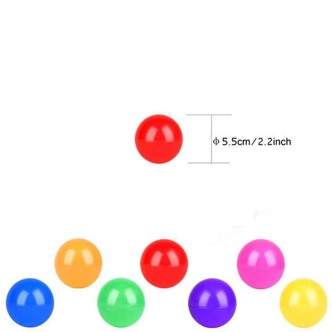 Multicolored phthalate-free BPA-free ball pit balls for baby and toddler, 2.2 inch diameter, crush proof plastic shown with size details.