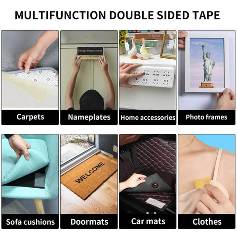 Heavy Duty Double Sided Fabric Tape For Carpets And Rugs Crazy Sticky For Home And Office Use shown in various applications