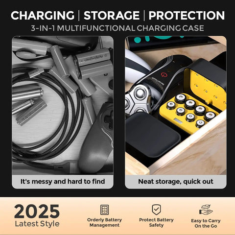 Rechargeable AA And AAA Lithium Batteries With Charger And Storage Case in organized drawer, contrasting cluttered mess