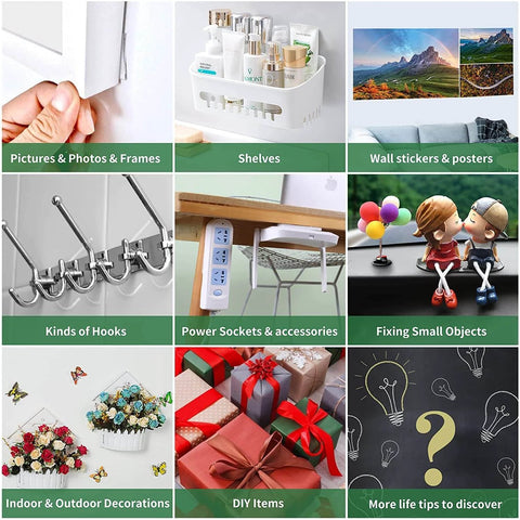 Heavy Duty Double Sided Tape For Mounting, Clear Nano Tech Adhesive Tape With Rock-Solid Grip, Picture Hanging Tape, 9.85 Feet Long, Transparent Adhesive Strips For Walls, Decor, And DIY Projects applications grid image showing various uses including hanging frames, shelves, wall stickers, hooks, decorations, and DIY items.