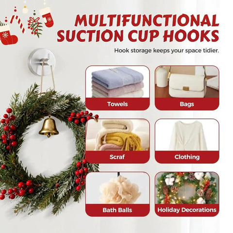 Golden Suction Cup Hooks For Glass And Tile Surfaces No Drill Wreath Hanger shown with holiday wreath and storage ideas