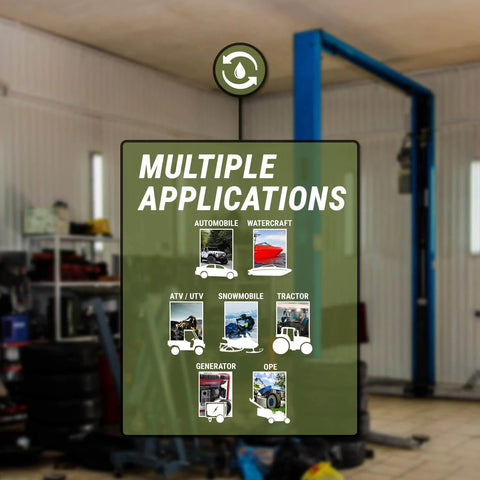 Sign displaying multiple applications for various vehicles including automobiles, watercraft, tractors, and generators in a workshop.