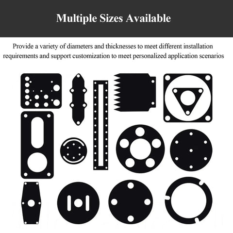 Diagram showing multiple sizes of rubber pads for heavy equipment use. Pack Of 20 4 Millimeter Thick Rubber Round Pads for machinery support.