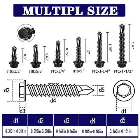 Diagram showing 100pcs 410 Stainless Steel #10x1 Hex Washer Head Self Drilling Screws, Black Oxide Self Tapping Tek Screws for Metal Plates.