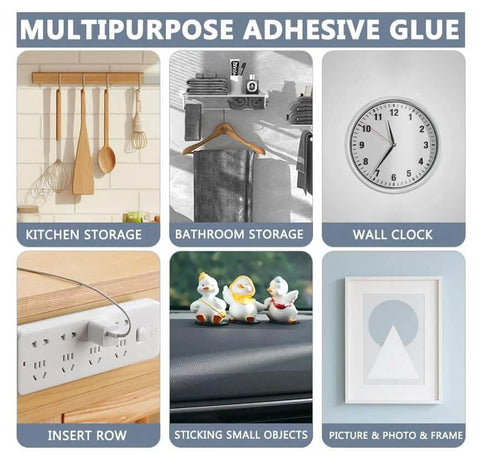 Multipurpose adhesive glue uses in kitchen, bathroom, clock, power strip, small objects, and picture frame mounting