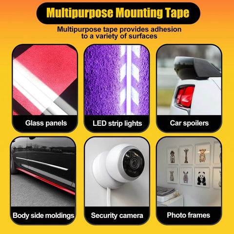 Display of 1-Inch Wide Double Sided Foam Tape For Outdoor Use Waterproof Heavy-Duty Mounting Tape With Super Strong Adhesive That Holds Tight Great For Automotive Interior Or Exterior Decor Quick Install 15 Ft Length on various surfaces including glass panels, LED strip lights, car spoilers, body side moldings, security cameras, and photo frames.