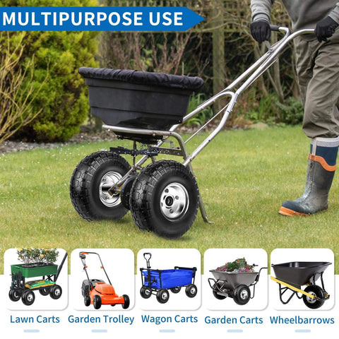 4.10/3.50-4 Flat Free 10 Inch Solid Tires and Wheels Replacement on garden trolley in use, showcasing heavy duty PU tires.
