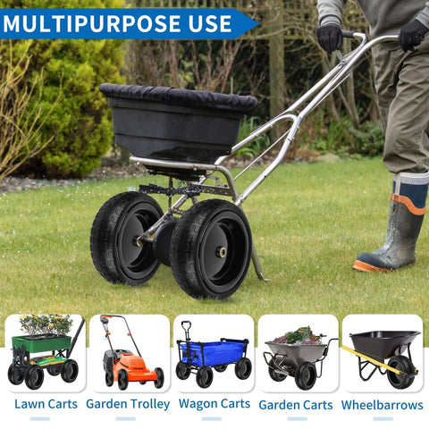 13 Inch Flat Free Solid Wheels Tires 4.00-6 Replacement with Universal 5/8 Inch Axle Bore on a garden cart in use.