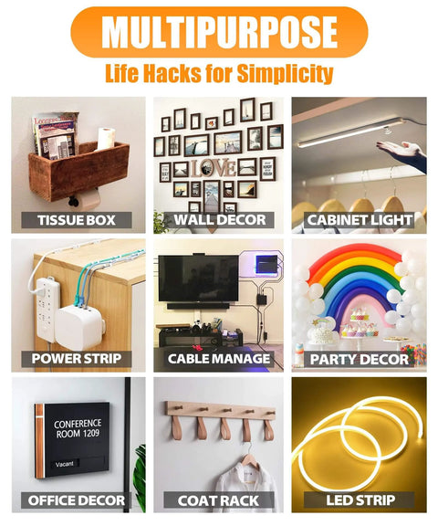 Collage of home and office decor items including tissue box, wall decor, cabinet light, power strip, and LED strip.