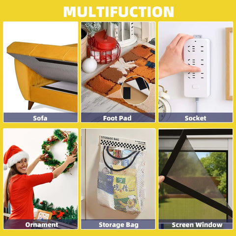 Collage showing various uses of heavy-duty Velcro strips with adhesive, including sofa, footpad, socket, ornament, storage, and screen window.