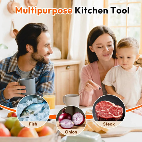Family using Onion Slicer and Holder With Pro Grade 10 Stainless Steel Prongs For Stable Even Slicing Safe Non Slip Base kitchen tool