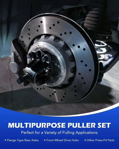 Close-up of brake rotor and wheel hub with 9-Way Slide Hammer Puller Set, Front Wheel Hub Bearing Remover & Rear Wheel Axle Hub Dent Shaft Puller Tool Kit