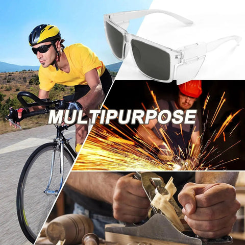 Collage showcasing Removable Side Shield Safety Glasses With UV400 Anti Fog Lenses For Work used in cycling, welding, woodworking