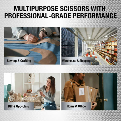 Collage showing uses of Heavy Duty 5.5 Inch Stainless Steel Scissors With Power Notch for sewing, warehouse, DIY, and office tasks.