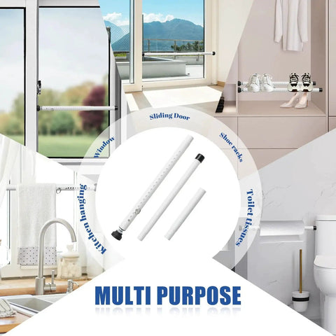 Adjustable Sliding Glass Door Security Bar With Rubber Tips Fits Seventeen Point Seven To Fifty Point Five Inches White One Inch Diameter Sturdy Durable Window Safety Bar Locks For Home Apartment And Patio Prevents Forced Entry And Keeps Kids Safe; multi-purpose use illustrated in various settings.