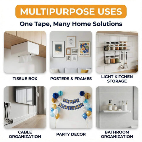 Multipurpose uses of Heavy Duty Double Sided Tape For Clear Mounting Nano Adhesive Strips For Picture Hanging Easy Peel And Stick 9.85 Feet Roll The Real Deal For Photos Decor Office Projects And DIY Mounting including tissue box, posters and frames, light kitchen storage, cable organization, party decor, bathroom organization.
