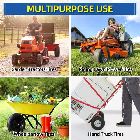 Multipurpose use collage showing garden tractors, riding lawn mowers, wheelbarrow, and hand truck with Heavy Duty Bearings description.