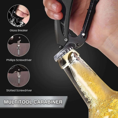 Opening bottle with six in one multitool carabiner with folding pocket knife and bottle opener for camping and hiking survival gear