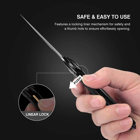 Hand holding Six In One Multitool Carabiner With Folding Pocket Knife And Bottle Opener, showing linear lock feature
