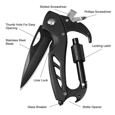 Six In One Multitool Carabiner With Folding Pocket Knife And Bottle Opener For Camping And Hiking Survival Gear Including Glass Breaker Phillips And Slotted Screwdrivers EDC Clip