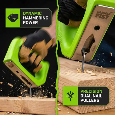 Versatile 8 in 1 multitool hammer combines a non-marring mallet, dual nail pullers in use on wood, ergonomic D-handle visible.