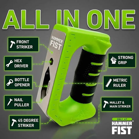 Versatile 8 in 1 multitool hammer combines a non-marring mallet, dual nail pullers, 3 strike angles, hex pass-through, built-in ruler