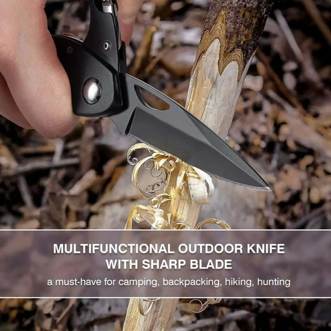 Close-up of Six In One Multitool Carabiner with Folding Pocket Knife cutting wood, ideal for camping and hiking survival gear.