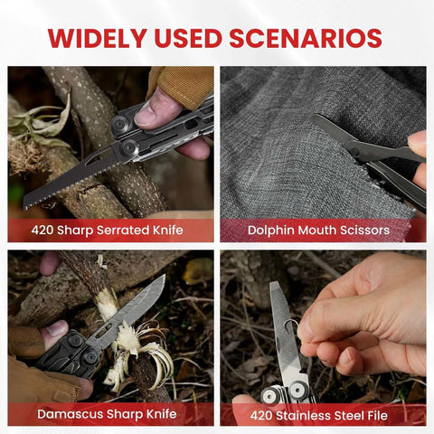 33-In-1 Stainless Steel Multitool with Pliers, Knife, Wire Cutter, Scissors, Saw, Bottle Opener, Can Opener, and more in use