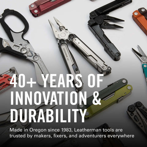 Assorted multitools showcasing 40+ years of innovation and durability from Leatherman, made in Oregon since 1983.