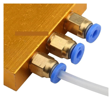 Close-up of Multiway Lubrication Distribution Valve for CNC Machines with one inlet and four outlets, showing durable connectors