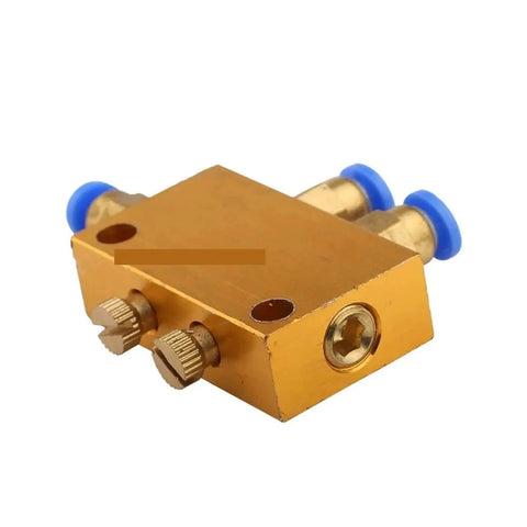 Multiway Lubrication Distribution Valve For CNC Machines, gold adjustable oil distributor with four blue outlets, close-up view