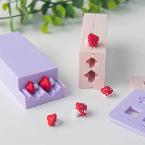 Mushroom Shape Clay Roller for Bead Making with interchangeable ends, shown in use with mushroom-shaped beads and molds.