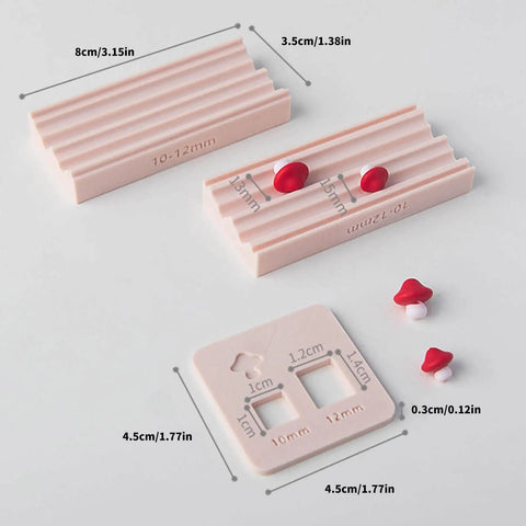 Mushroom Shape Clay Roller with interchangeable 10mm and 12mm ends for bead making, shown with clay mushroom shapes.