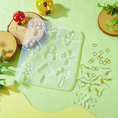 Mushroom Earring Mold Kit For Resin Jewelry Making with silicone mold, 40 hooks, 60 jump rings, 50 ear nuts, for DIY jewelry supplies.