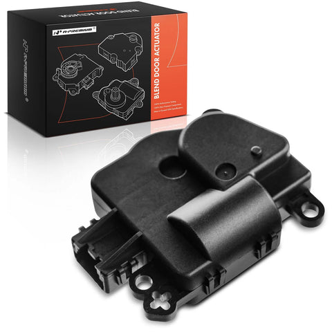 HVAC blend door actuator by A-Premium for Ford Mustang 2005–2009, black plastic module with connector, box in background.