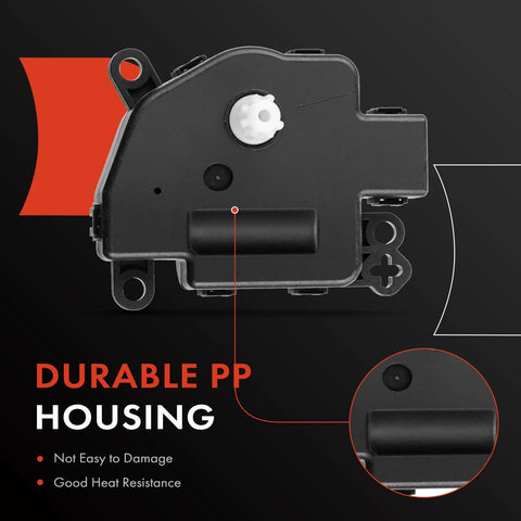 A-Premium HVAC heater blend door actuator for Ford Mustang 2010–2014, black plastic housing with white gear.