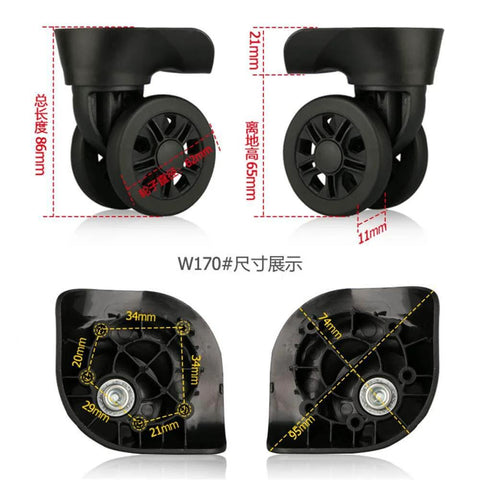 (DL-W170#) Mute Connected Spinner Wheels for Replacement Luggage Wheels Wear Silent, 2 pcs set, dimensions shown, black color