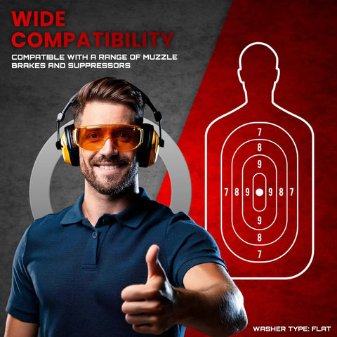 Man in shooting gear endorsing Muzzle Shim Kit for 1/2x28 Threads in .223 and 5.56 Calibers, PlasmaGal Stainless Barrel Washers