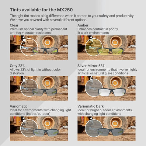 Various tints of MX250 Variomatic Safety Glasses With Transition Lenses Anti Fog ANSI Z87 UV, displayed in different work environments.